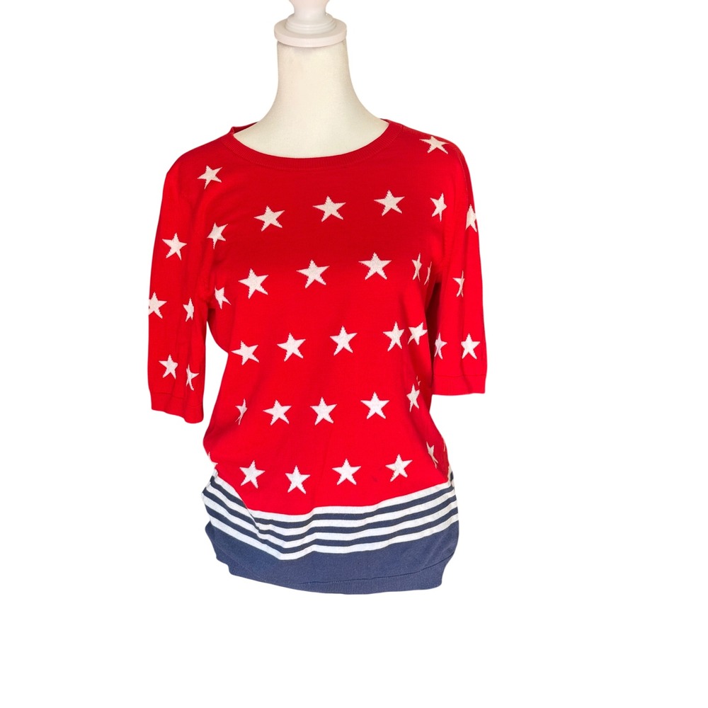 Talbots Womens Red White Blue Star Stripe Short Sleeve Knit Sweater Small